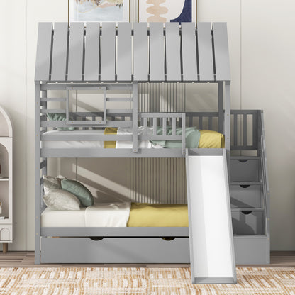 Twin Over Twin House Bunk Bed with Slide, Trundle & Storage Stairs – Gray Wood Kids Playhouse Bed with Roof & Windo
