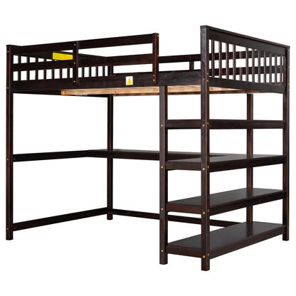 Full Size Loft Bed with Desk & Storage Shelves – Espresso Wood Loft Bed with Built-In Workstation