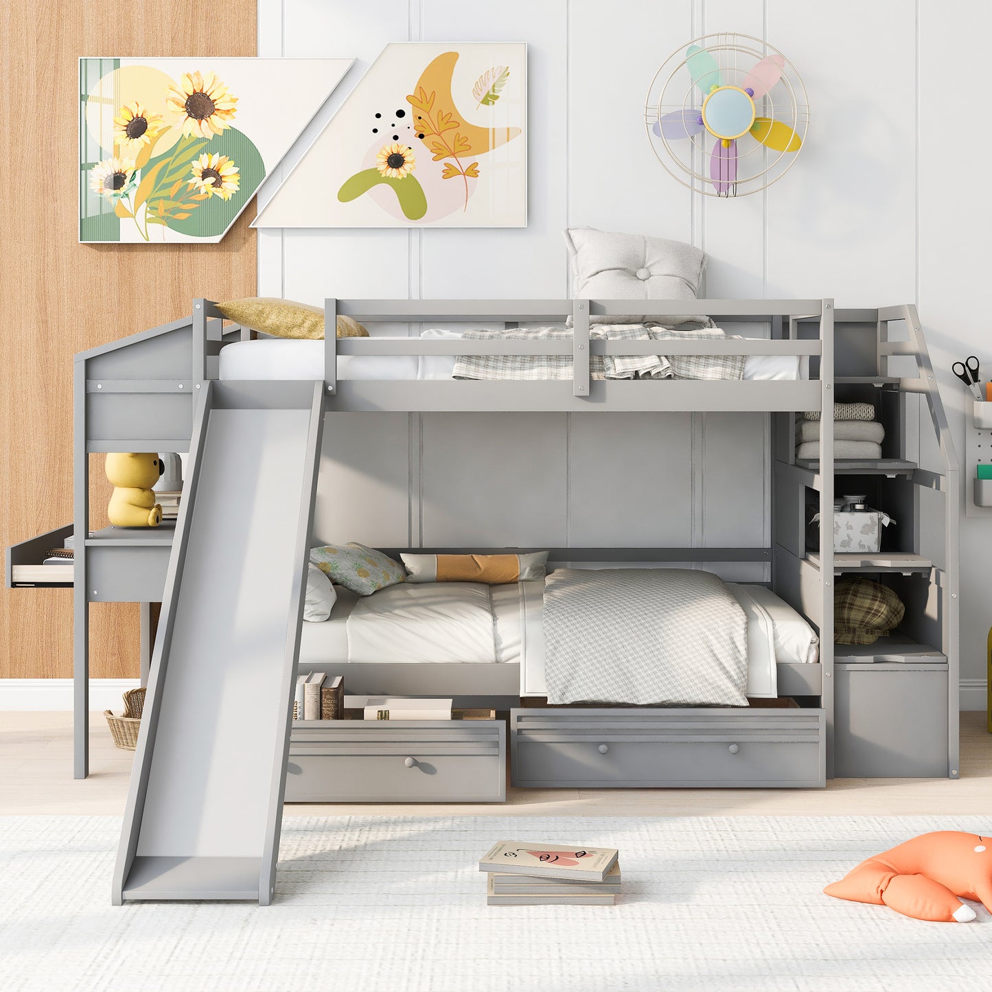 Twin Over Twin Bunk Bed with Desk, Storage Stairs, Slide & Drawers – Gray Wood Kids Loft Bed with Shelve