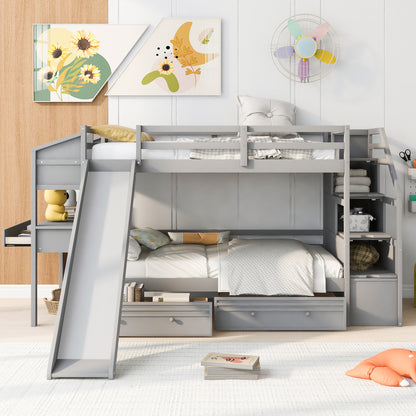 Twin Over Twin Bunk Bed with Desk, Storage Stairs, Slide & Drawers – Gray Wood Kids Loft Bed with Shelve