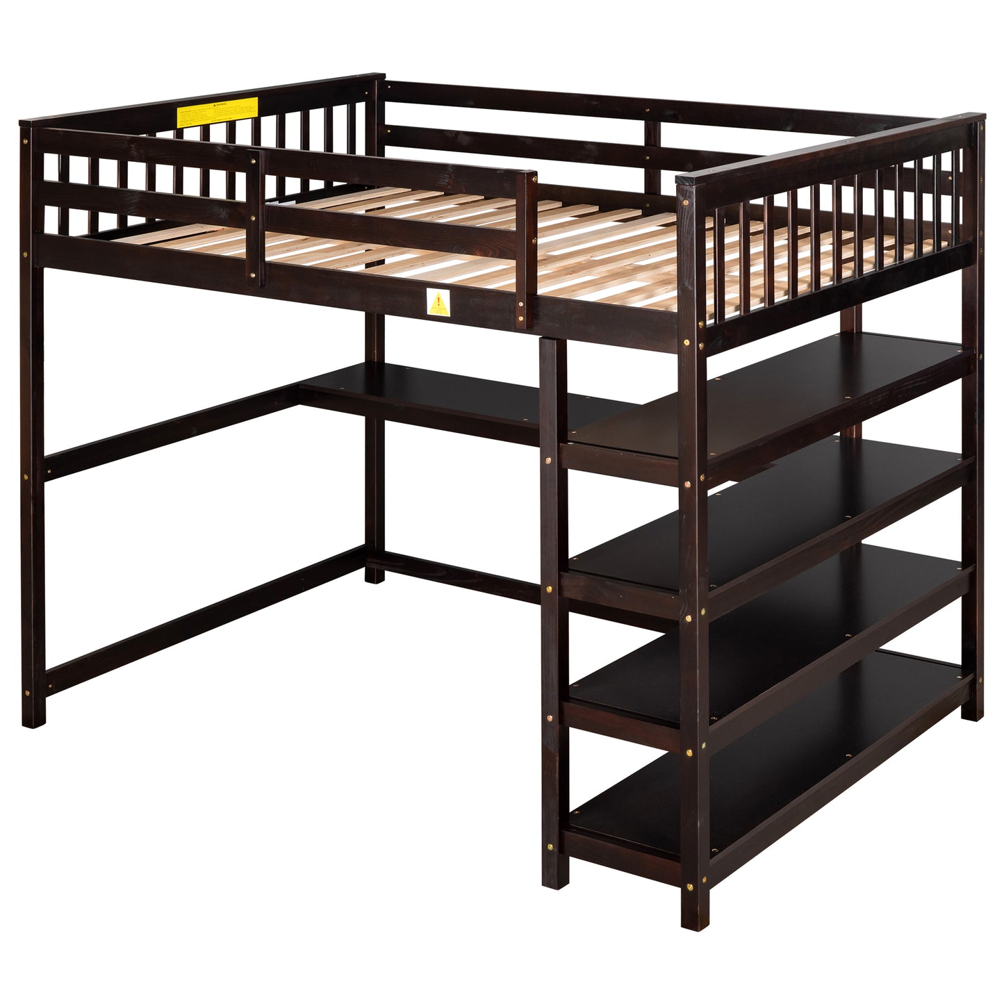 Full Size Loft Bed with Desk & Storage Shelves – Espresso Wood Loft Bed with Built-In Workstation