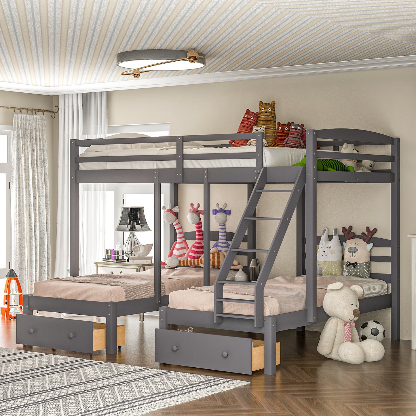 Full Over Twin Triple Bunk Bed with Storage Drawers – Gray Wood 3 Bed Bunk Bed for Kids, Teens & Families
