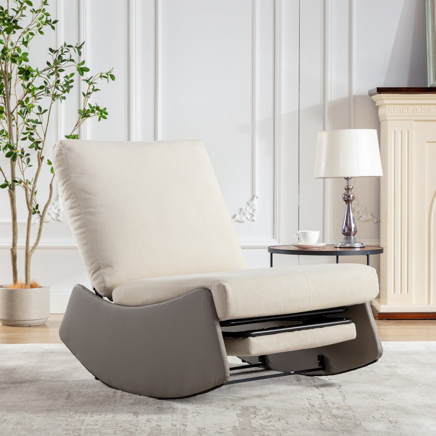 Modern Rocking Recliner Chair with Footrest – Adjustable Upholstered Nursery & Reading Chair, Gray/Beig