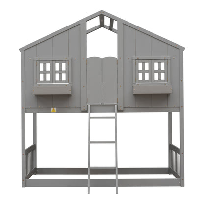 Twin over Twin House Bunk Bed with Roof , Window, Window Box, Door , with Safety Guardrails and Ladder, Grey
