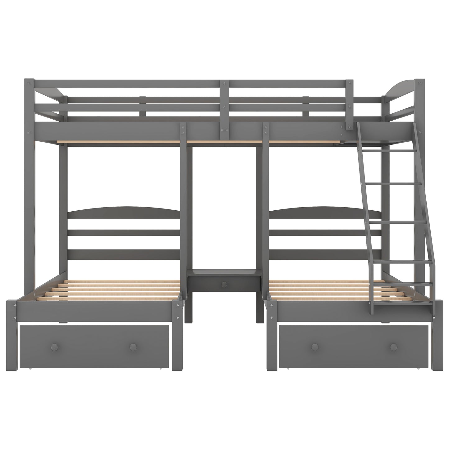 Full Over Twin Triple Bunk Bed with Storage Drawers – Gray Wood 3 Bed Bunk Bed for Kids, Teens & Families