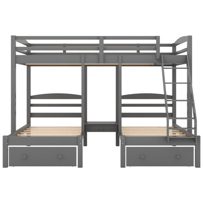 Full Over Twin Triple Bunk Bed with Storage Drawers – Gray Wood 3 Bed Bunk Bed for Kids, Teens & Families