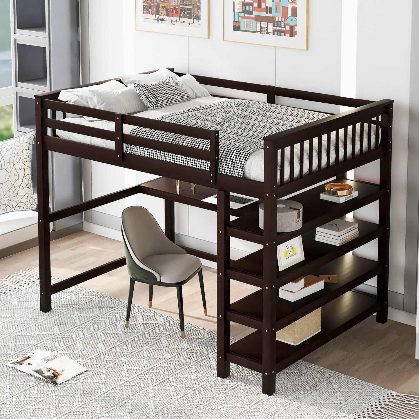 Full Size Loft Bed with Desk & Storage Shelves – Espresso Wood Loft Bed with Built-In Workstation
