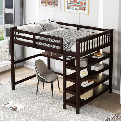 Full Size Loft Bed with Desk & Storage Shelves – Espresso Wood Loft Bed with Built-In Workstation