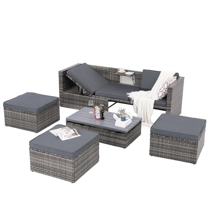 5-Piece Outdoor Patio Furniture Set with Lift-Top Coffee Table & Ottomans – PE Wicker Conversation Set, Dark Gray
