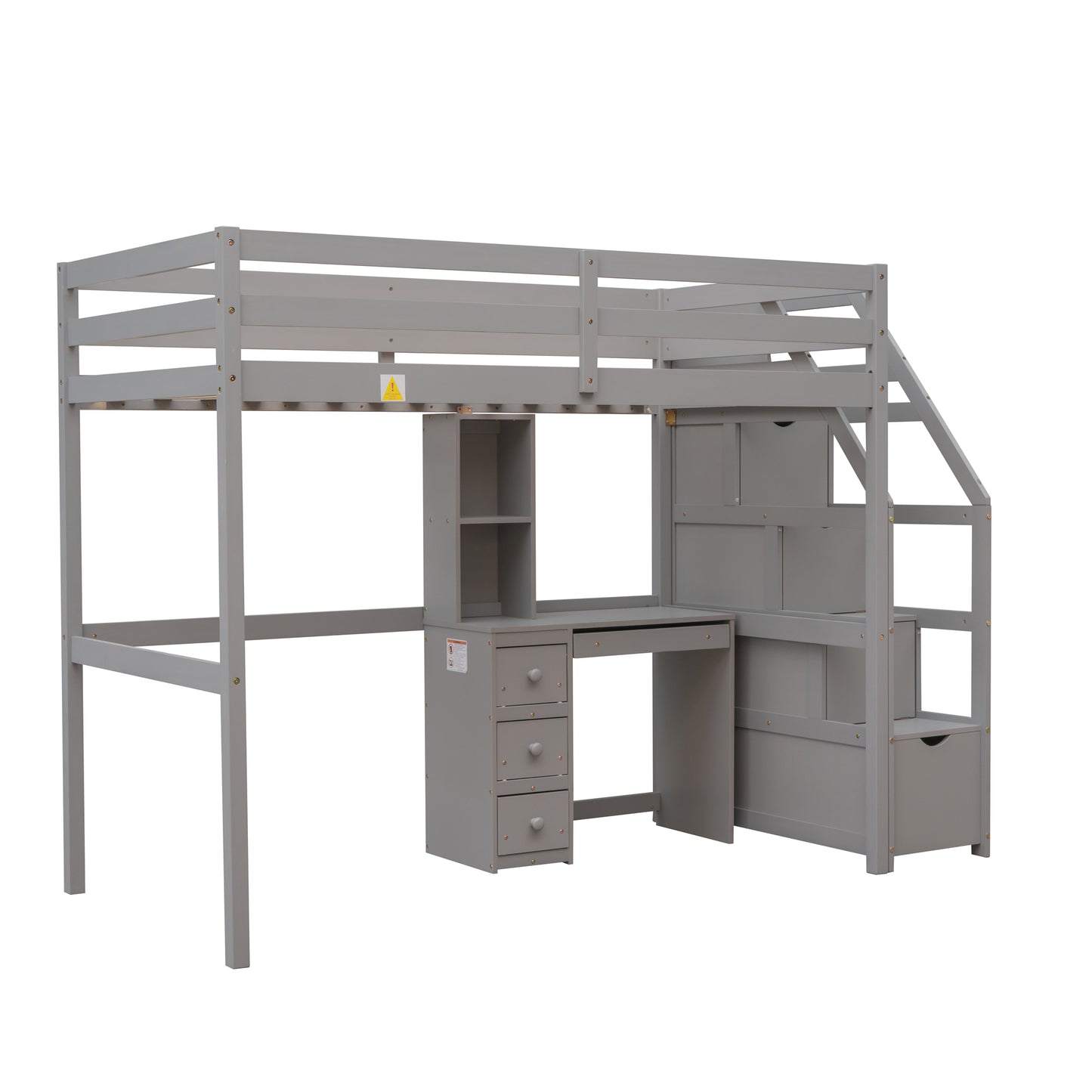 Twin Loft Bed with Desk, Storage Staircase, Drawers & Stand-Alone Twin Bed – Gray Space Saving Bedroom Furniture