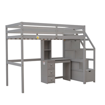 Twin Loft Bed with Desk, Storage Staircase, Drawers & Stand-Alone Twin Bed – Gray Space Saving Bedroom Furniture