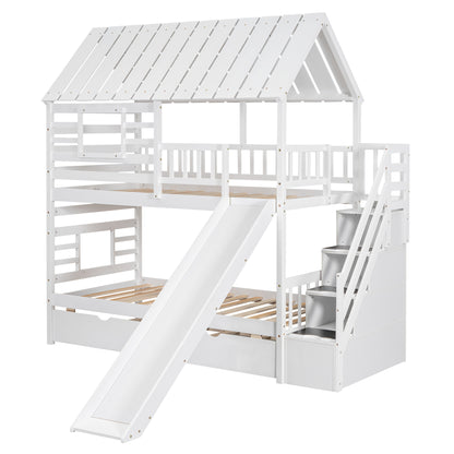 Twin Over Twin House Bunk Bed with Slide, Trundle & Storage Stairs – White Wood Kids Playhouse Bed with Roof & Window