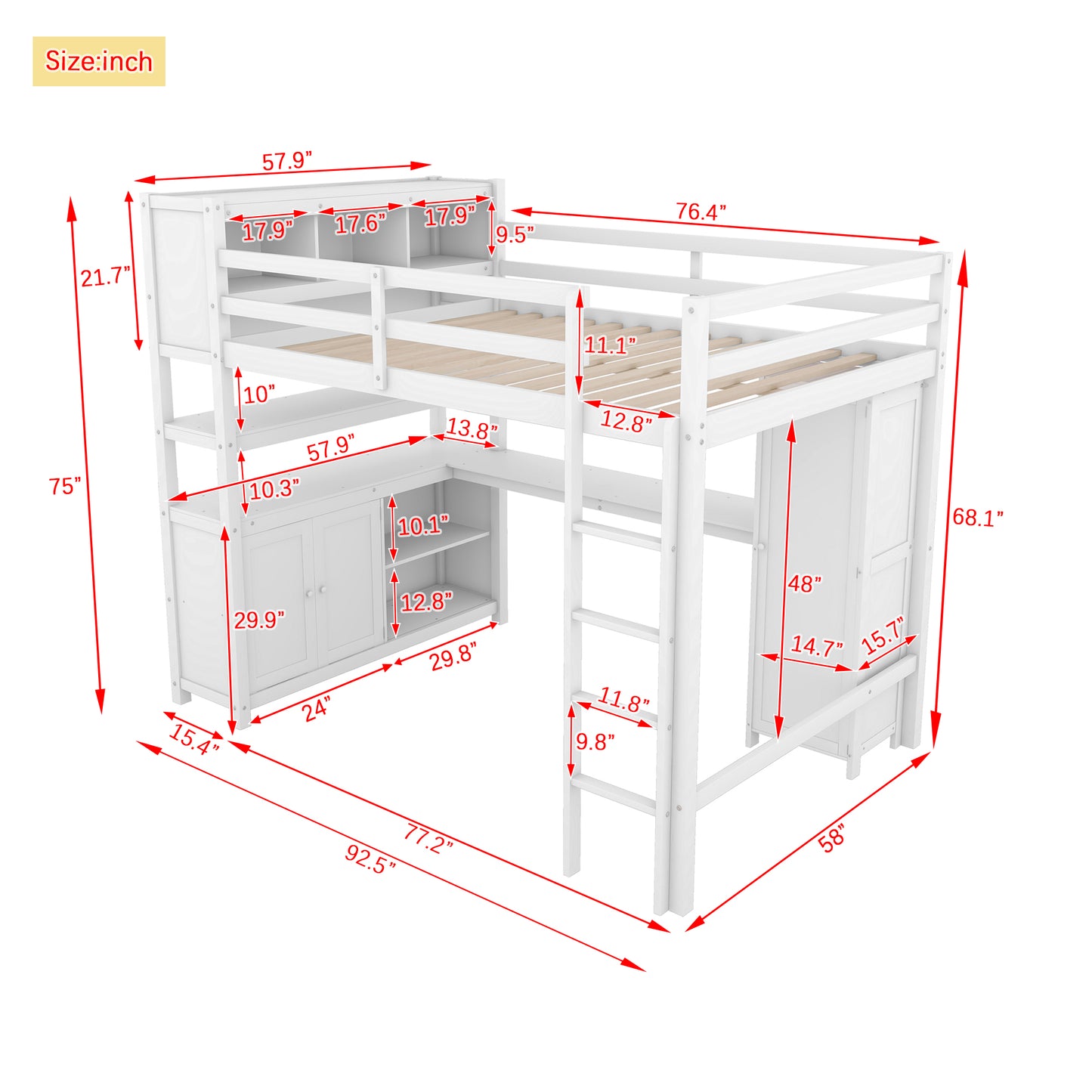 Full Size Loft Bed with Desk, Wardrobe, Cabinet & Bookshelf – White Wood Storage Loft Bed for Kids & Teens