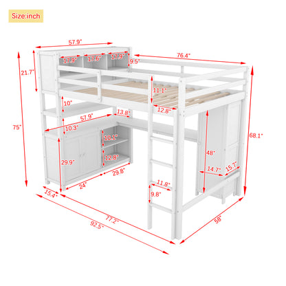 Full Size Loft Bed with Desk, Wardrobe, Cabinet & Bookshelf – White Wood Storage Loft Bed for Kids & Teens