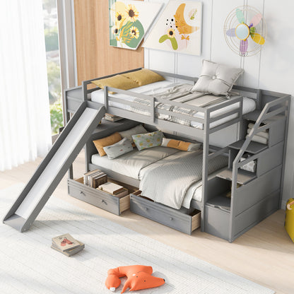 Twin Over Twin Bunk Bed with Desk, Storage Stairs, Slide & Drawers – Gray Wood Kids Loft Bed with Shelve