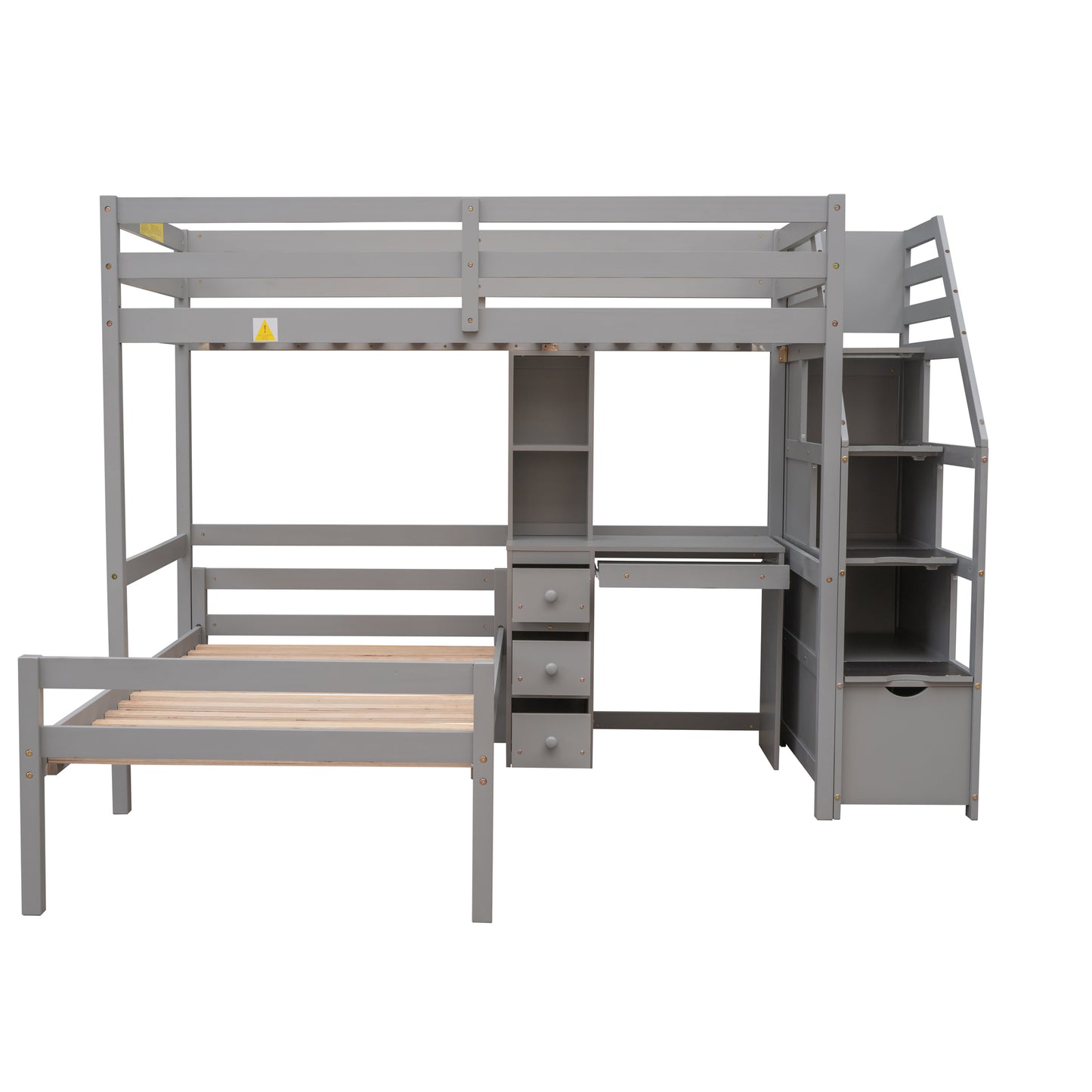 Twin Loft Bed with Desk, Storage Staircase, Drawers & Stand-Alone Twin Bed – Gray Space Saving Bedroom Furniture