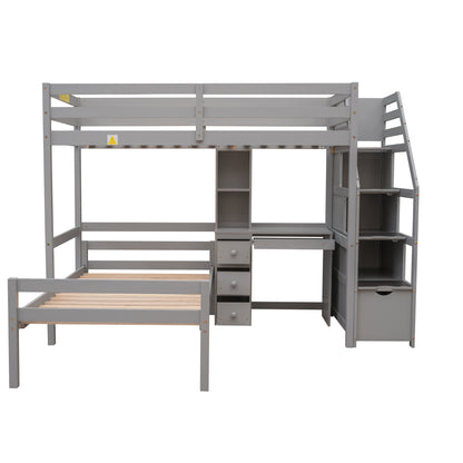 Twin Loft Bed with Desk, Storage Staircase, Drawers & Stand-Alone Twin Bed – Gray Space Saving Bedroom Furniture