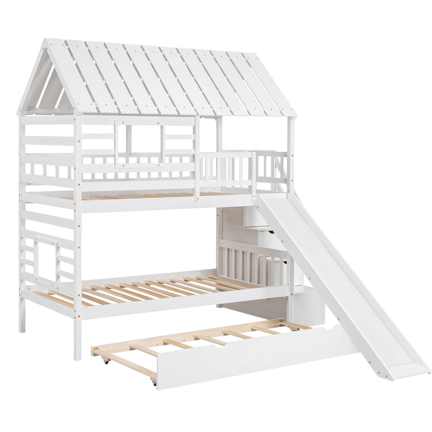 Twin Over Twin House Bunk Bed with Slide, Trundle & Storage Stairs – White Wood Kids Playhouse Bed with Roof & Window