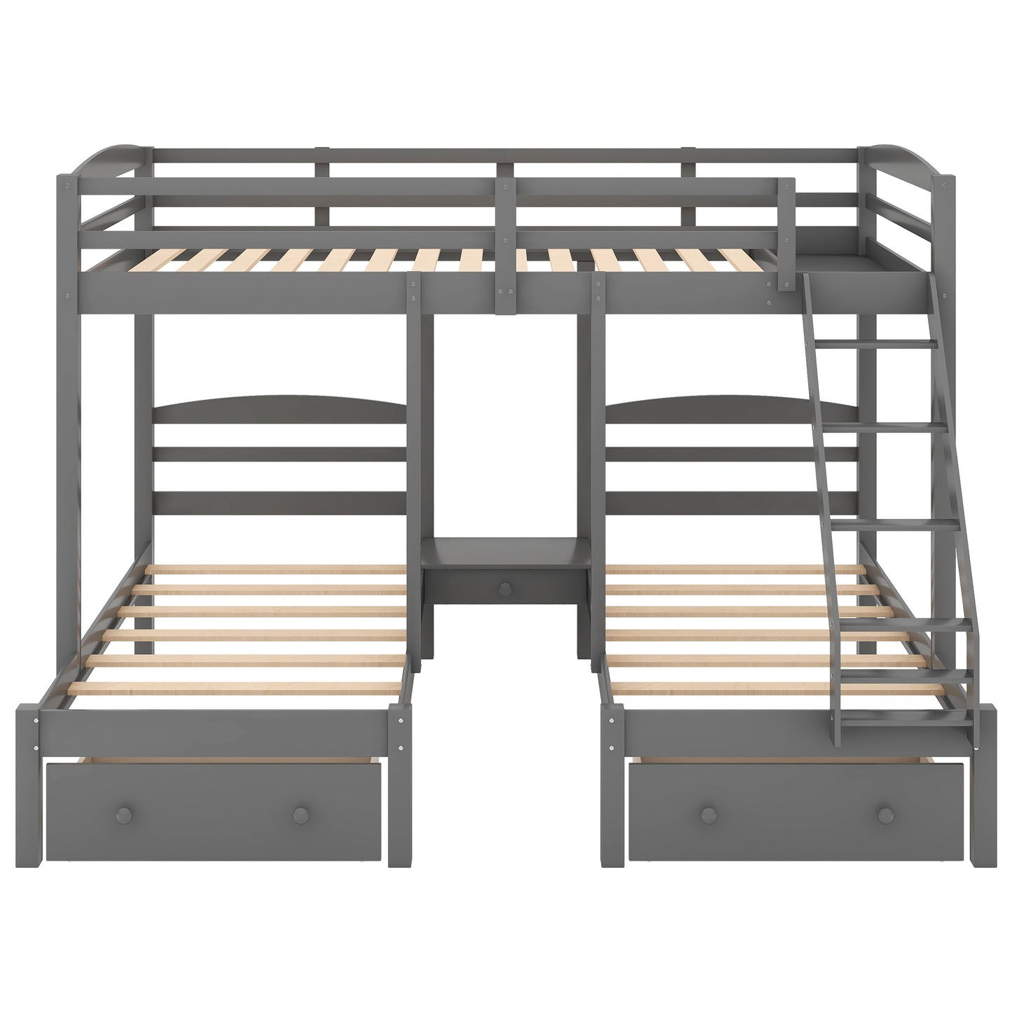 Full Over Twin Triple Bunk Bed with Storage Drawers – Gray Wood 3 Bed Bunk Bed for Kids, Teens & Families