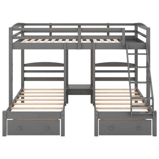 Full Over Twin Triple Bunk Bed with Storage Drawers – Gray Wood 3 Bed Bunk Bed for Kids, Teens & Families