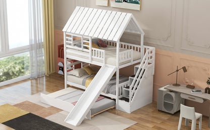 Twin Over Twin House Bunk Bed with Slide, Trundle & Storage Stairs – White Wood Kids Playhouse Bed with Roof & Window