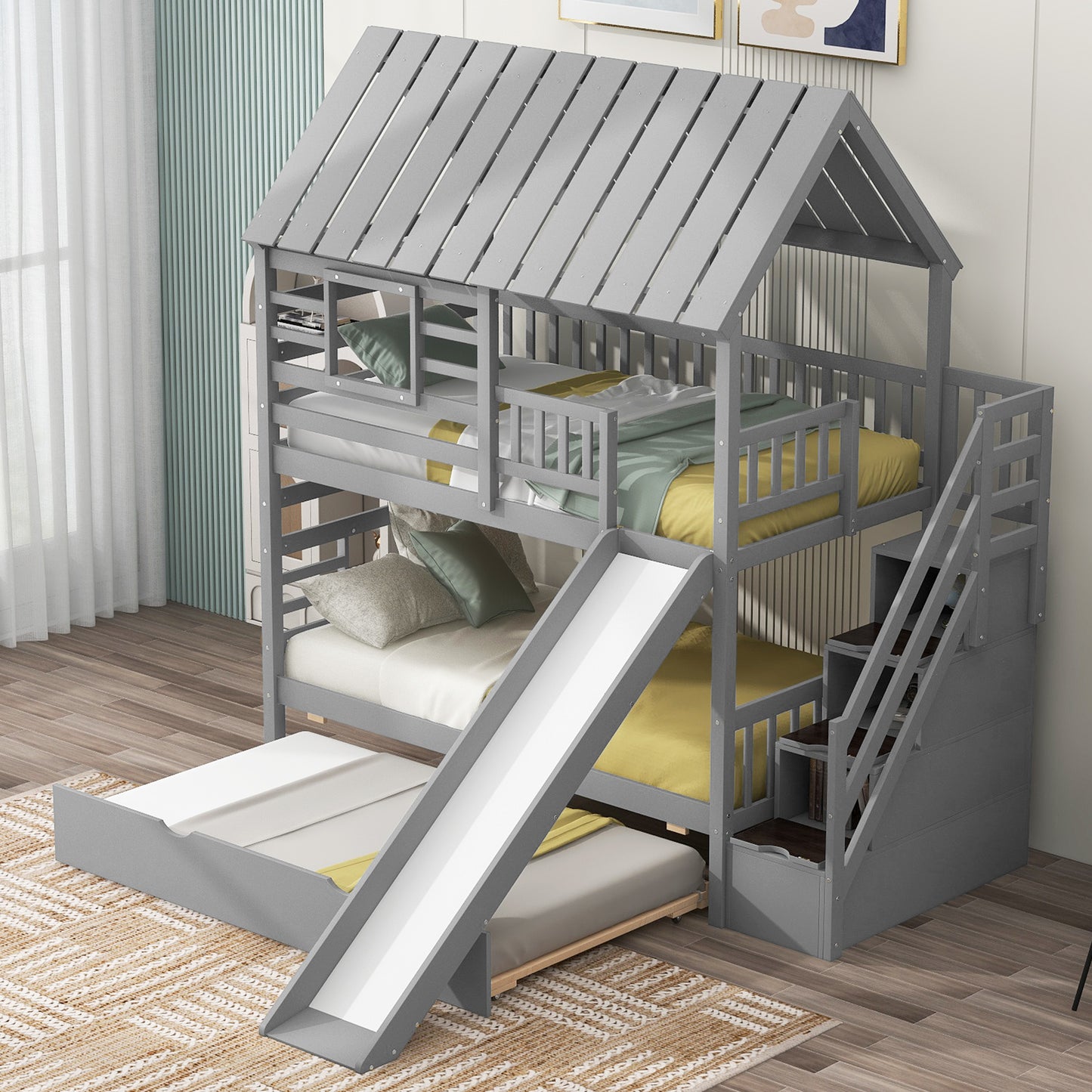 Twin Over Twin House Bunk Bed with Slide, Trundle & Storage Stairs – Gray Wood Kids Playhouse Bed with Roof & Windo