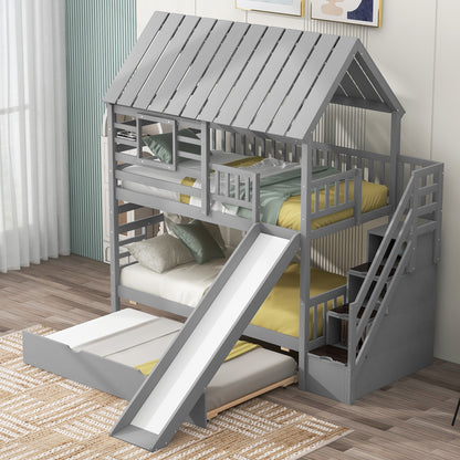Twin Over Twin House Bunk Bed with Slide, Trundle & Storage Stairs – Gray Wood Kids Playhouse Bed with Roof & Windo