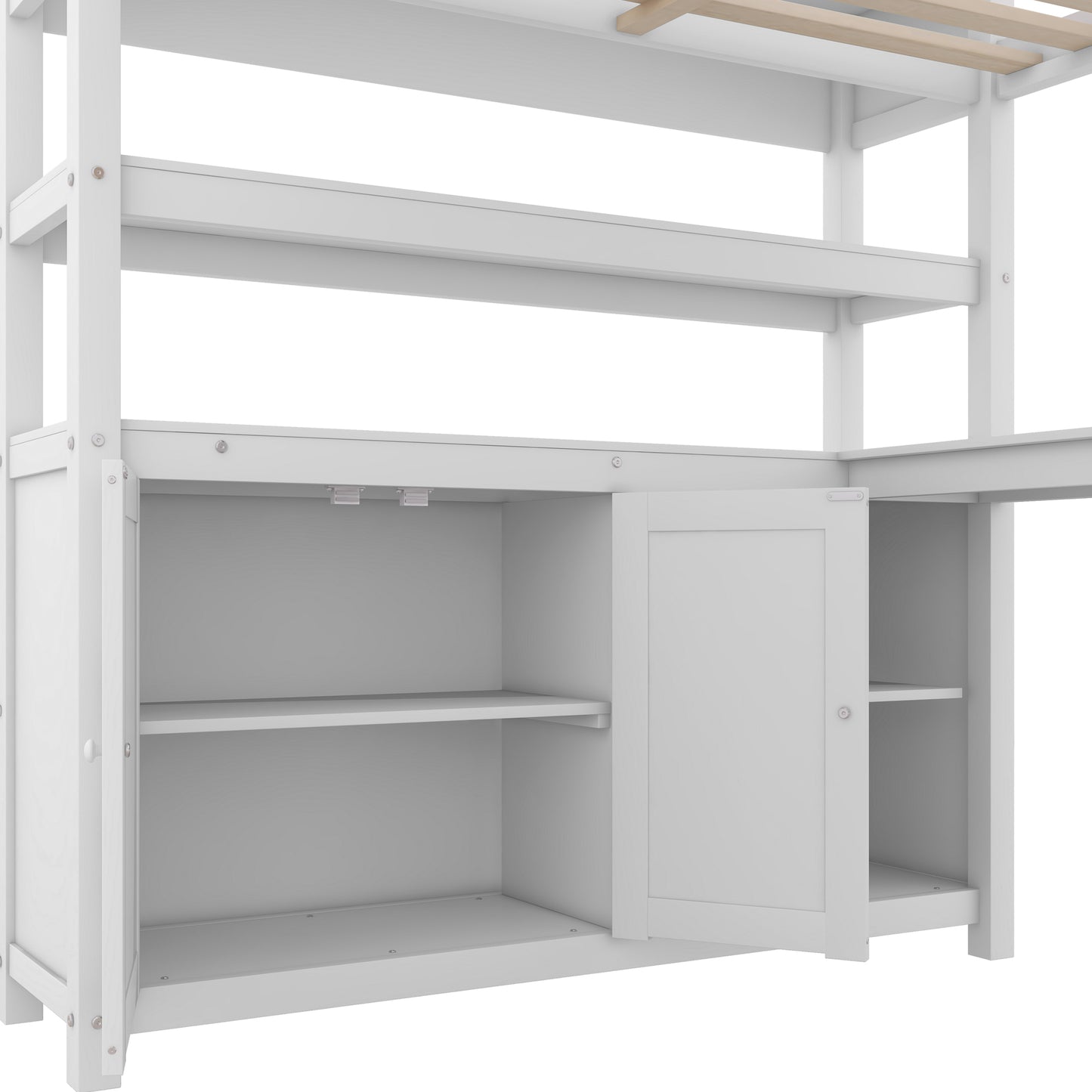 Full Size Loft Bed with Desk, Wardrobe, Cabinet & Bookshelf – White Wood Storage Loft Bed for Kids & Teens