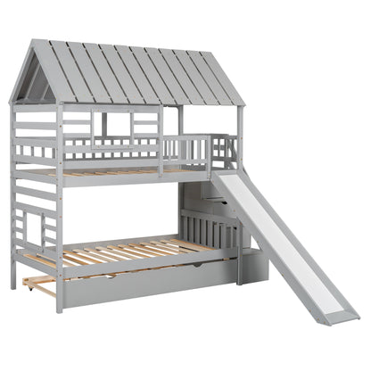 Twin Over Twin House Bunk Bed with Slide, Trundle & Storage Stairs – Gray Wood Kids Playhouse Bed with Roof & Windo