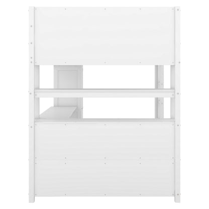 Full Size Loft Bed with Desk, Wardrobe, Cabinet & Bookshelf – White Wood Storage Loft Bed for Kids & Teens
