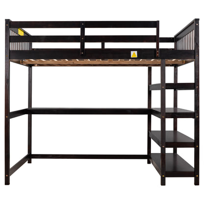 Full Size Loft Bed with Desk & Storage Shelves – Espresso Wood Loft Bed with Built-In Workstation