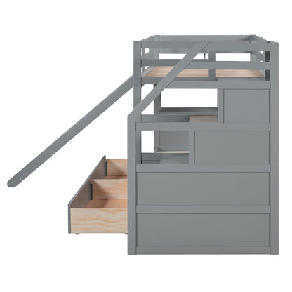 Twin Over Twin Bunk Bed with Desk, Storage Stairs, Slide & Drawers – Gray Wood Kids Loft Bed with Shelve