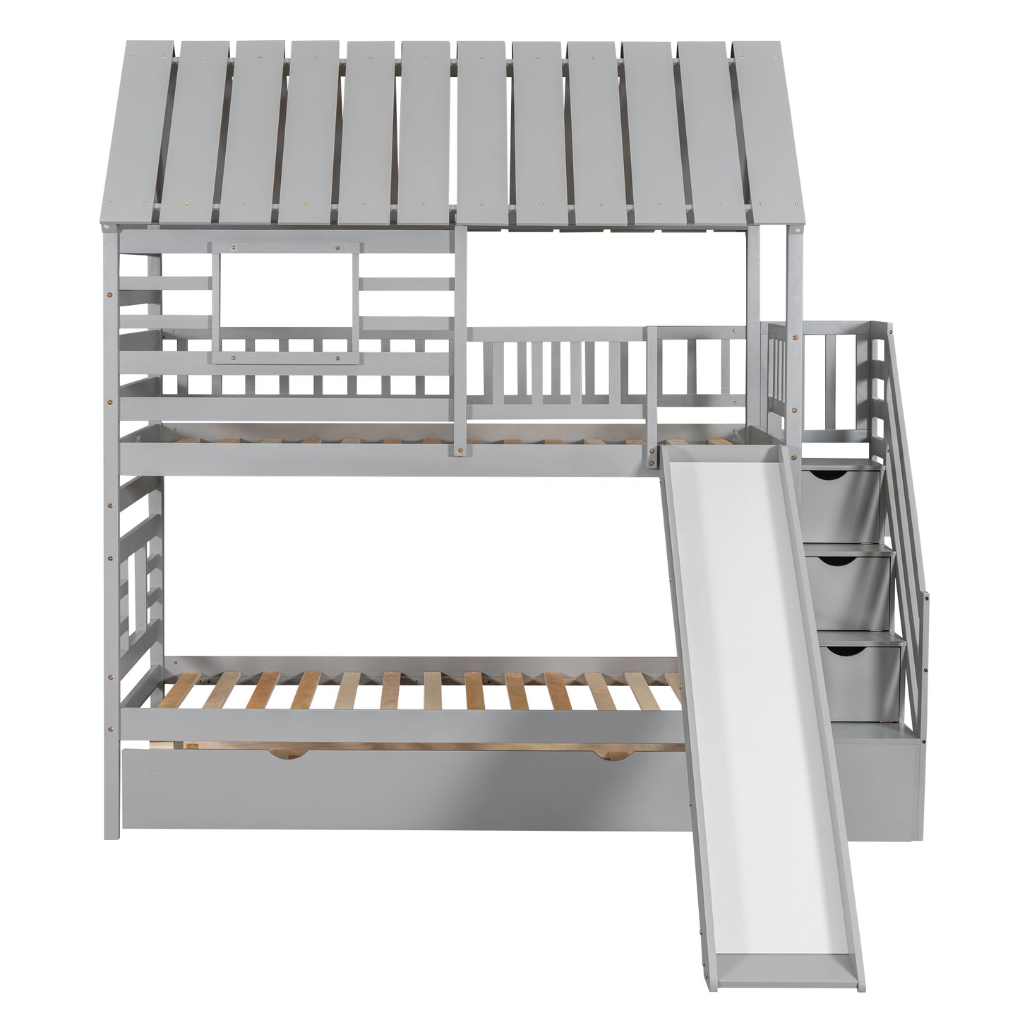 Twin Over Twin House Bunk Bed with Slide, Trundle & Storage Stairs – Gray Wood Kids Playhouse Bed with Roof & Windo