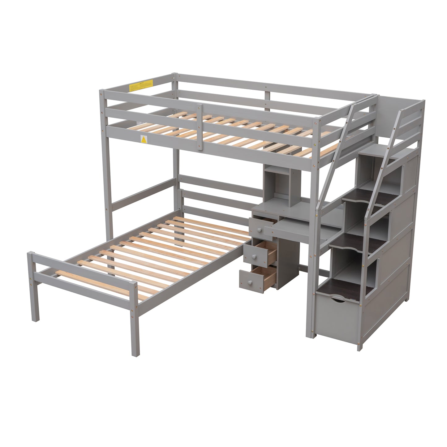 Twin Loft Bed with Desk, Storage Staircase, Drawers & Stand-Alone Twin Bed – Gray Space Saving Bedroom Furniture