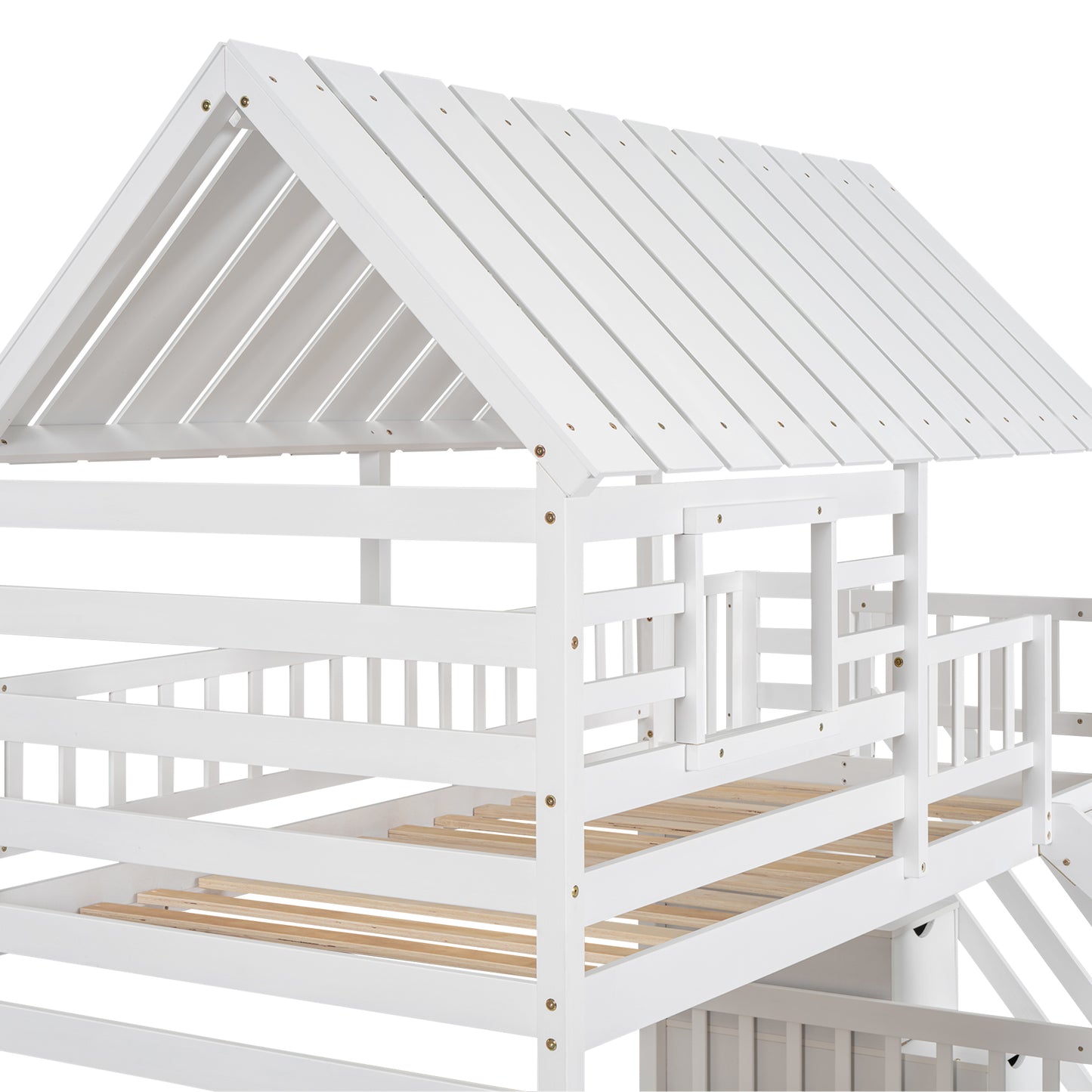 Twin Over Twin House Bunk Bed with Slide, Trundle & Storage Stairs – White Wood Kids Playhouse Bed with Roof & Window