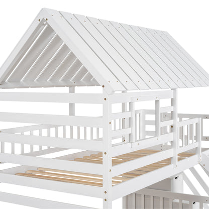Twin Over Twin House Bunk Bed with Slide, Trundle & Storage Stairs – White Wood Kids Playhouse Bed with Roof & Window
