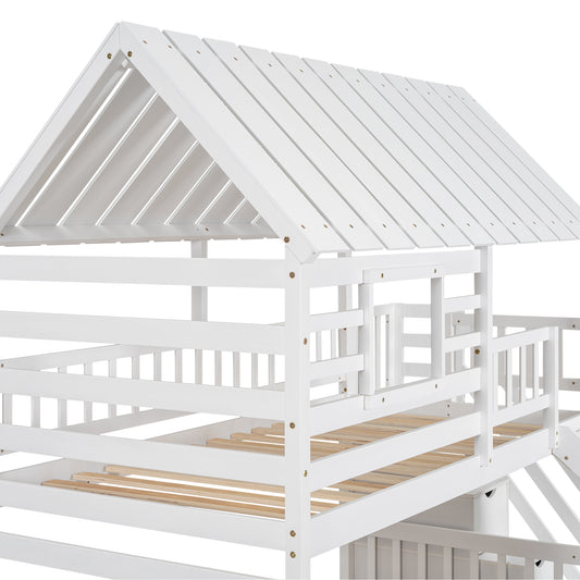 Twin Over Twin House Bunk Bed with Slide, Trundle & Storage Stairs – White Wood Kids Playhouse Bed with Roof & Window