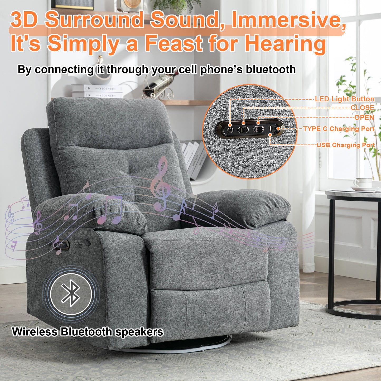 Power Swivel Recliner Chair with Bluetooth Speaker, LED Lights, USB-C Charging & 270° Glider Recliner – Light Grey
