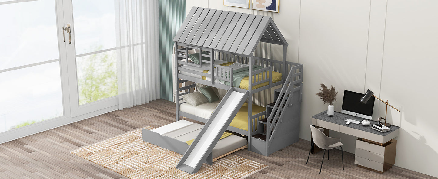 Twin Over Twin House Bunk Bed with Slide, Trundle & Storage Stairs – Gray Wood Kids Playhouse Bed with Roof & Windo