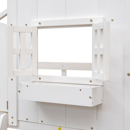 Twin over Twin House Bunk Bed with Roof , Window, Window Box, Door , with Safety Guardrails and Ladder,White