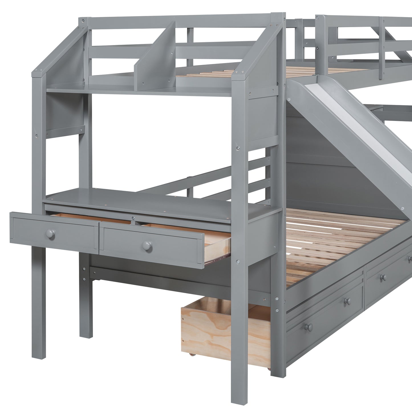 Twin Over Twin Bunk Bed with Desk, Storage Stairs, Slide & Drawers – Gray Wood Kids Loft Bed with Shelve