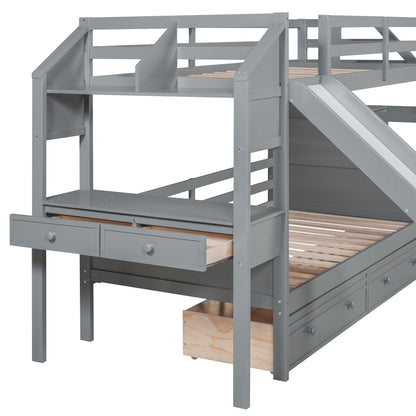 Twin Over Twin Bunk Bed with Desk, Storage Stairs, Slide & Drawers – Gray Wood Kids Loft Bed with Shelve