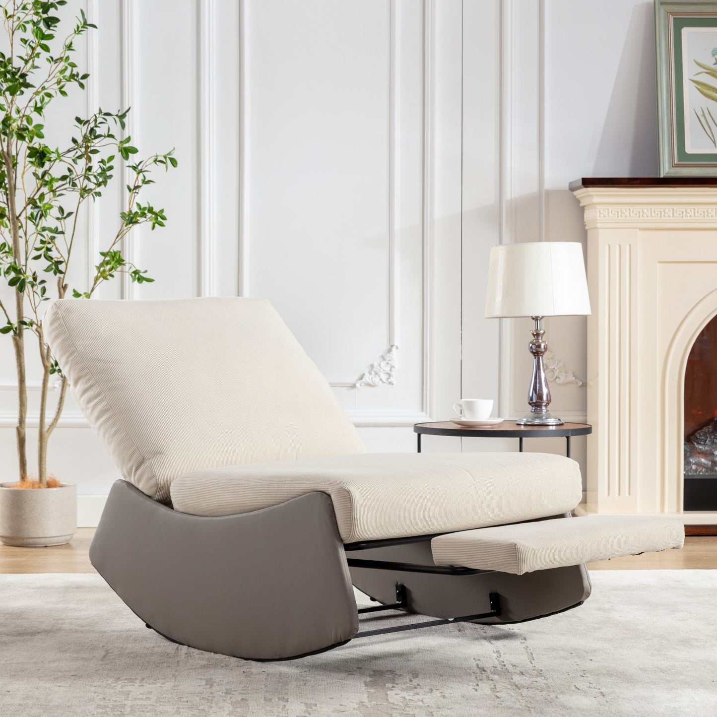 Modern Rocking Recliner Chair with Footrest – Adjustable Upholstered Nursery & Reading Chair, Gray/Beig