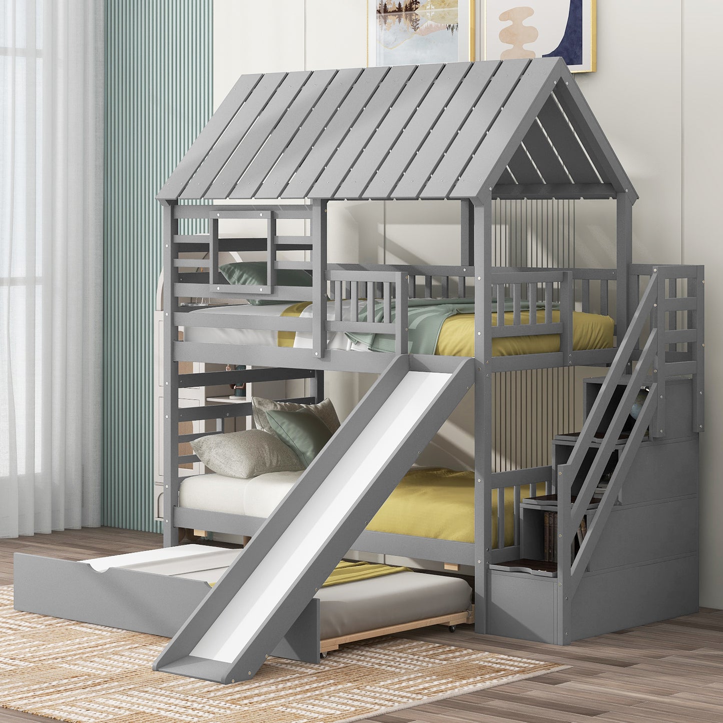 Twin Over Twin House Bunk Bed with Slide, Trundle & Storage Stairs – Gray Wood Kids Playhouse Bed with Roof & Windo