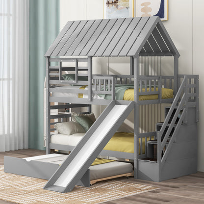 Twin Over Twin House Bunk Bed with Slide, Trundle & Storage Stairs – Gray Wood Kids Playhouse Bed with Roof & Windo