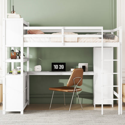 Full Size Loft Bed with Desk, Wardrobe, Cabinet & Bookshelf – White Wood Storage Loft Bed for Kids & Teens