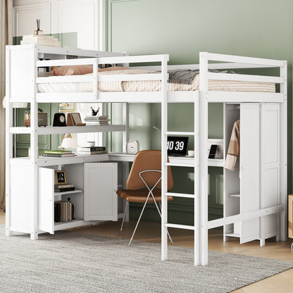 Full Size Loft Bed with Desk, Wardrobe, Cabinet & Bookshelf – White Wood Storage Loft Bed for Kids & Teens