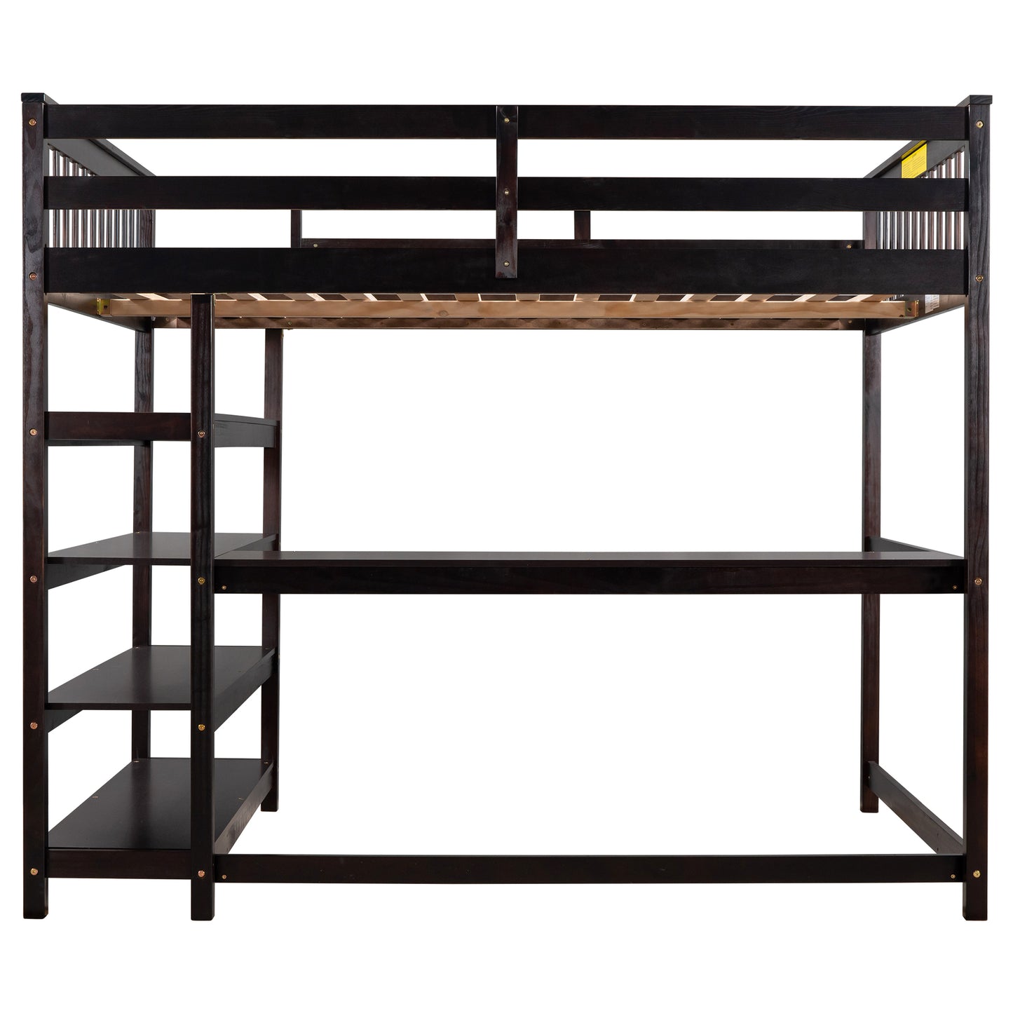 Full Size Loft Bed with Desk & Storage Shelves – Espresso Wood Loft Bed with Built-In Workstation