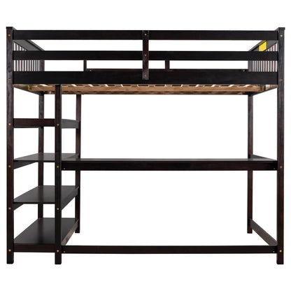 Full Size Loft Bed with Desk & Storage Shelves – Espresso Wood Loft Bed with Built-In Workstation