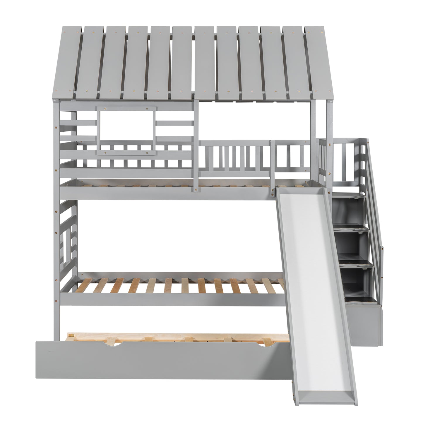 Twin Over Twin House Bunk Bed with Slide, Trundle & Storage Stairs – Gray Wood Kids Playhouse Bed with Roof & Windo
